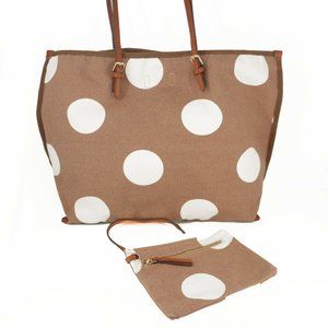 Urban Outfitters Handbag XL Brown Cream Polka Dot Canvas Tote Pouch Shopper Bag